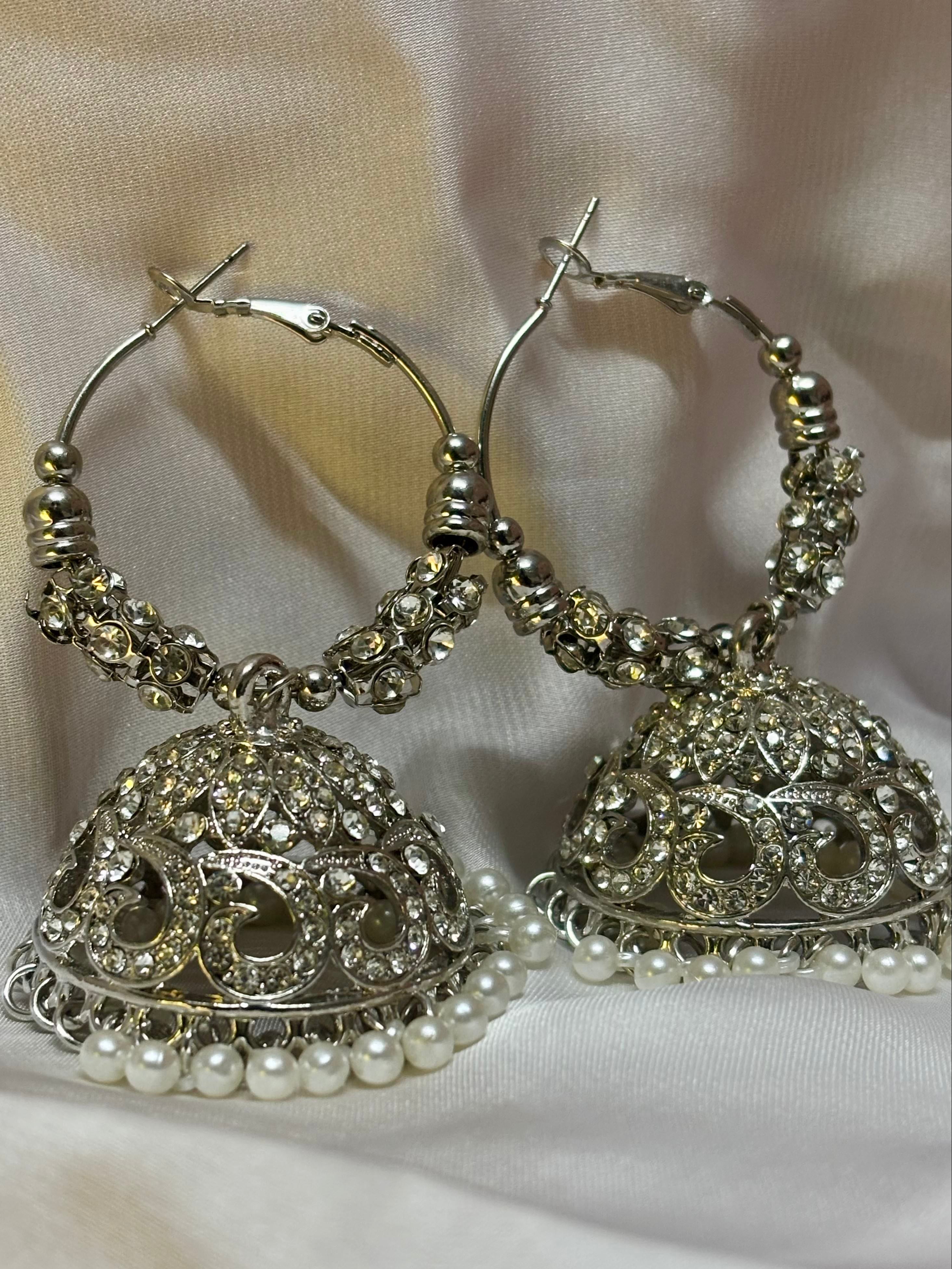 Silver Crystal Hoop Jhumkas