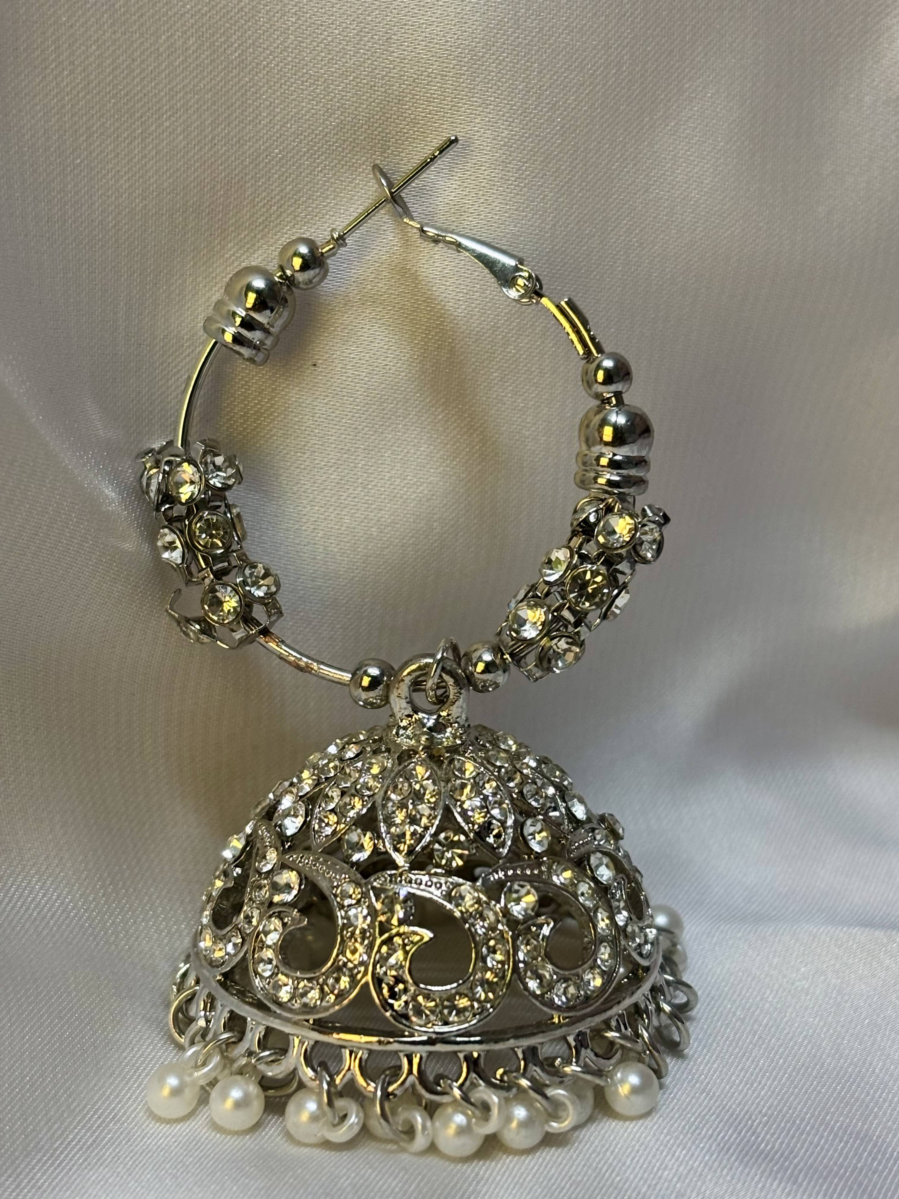 Silver Crystal Hoop Jhumkas