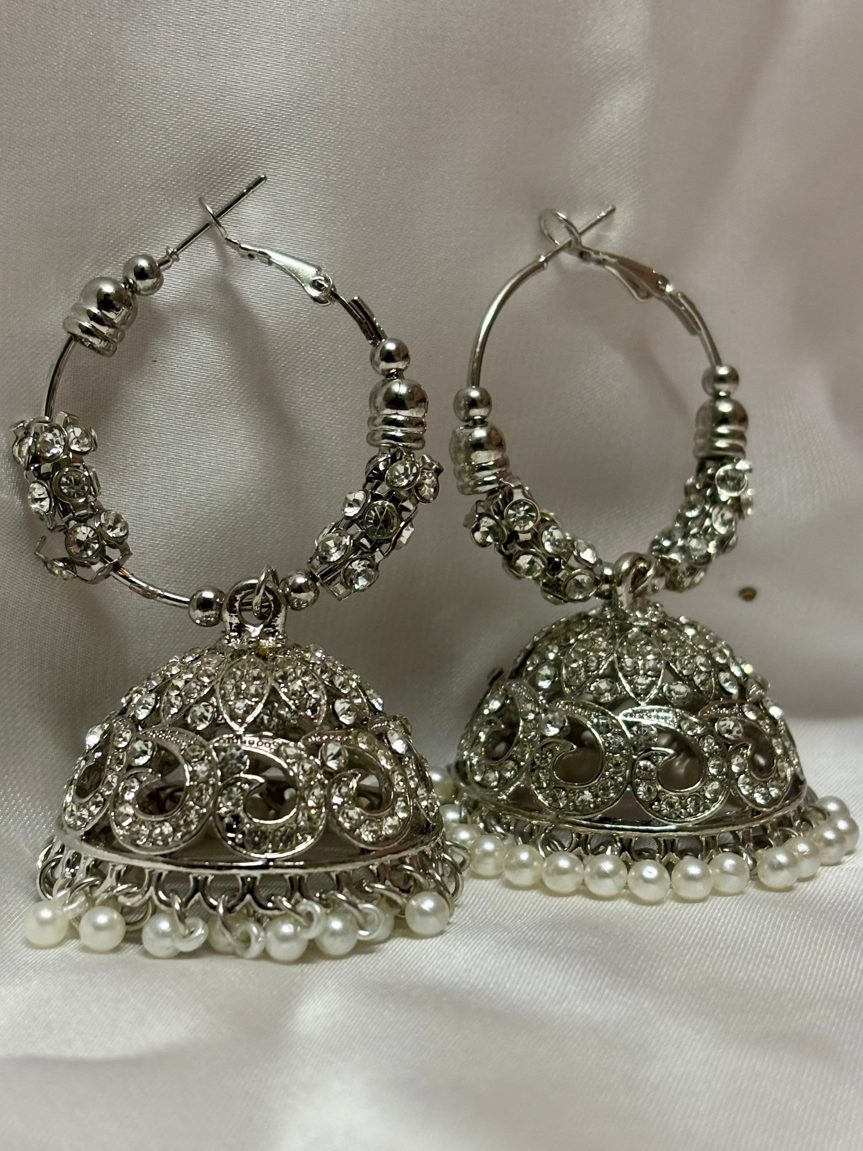 Silver Crystal Hoop Jhumkas