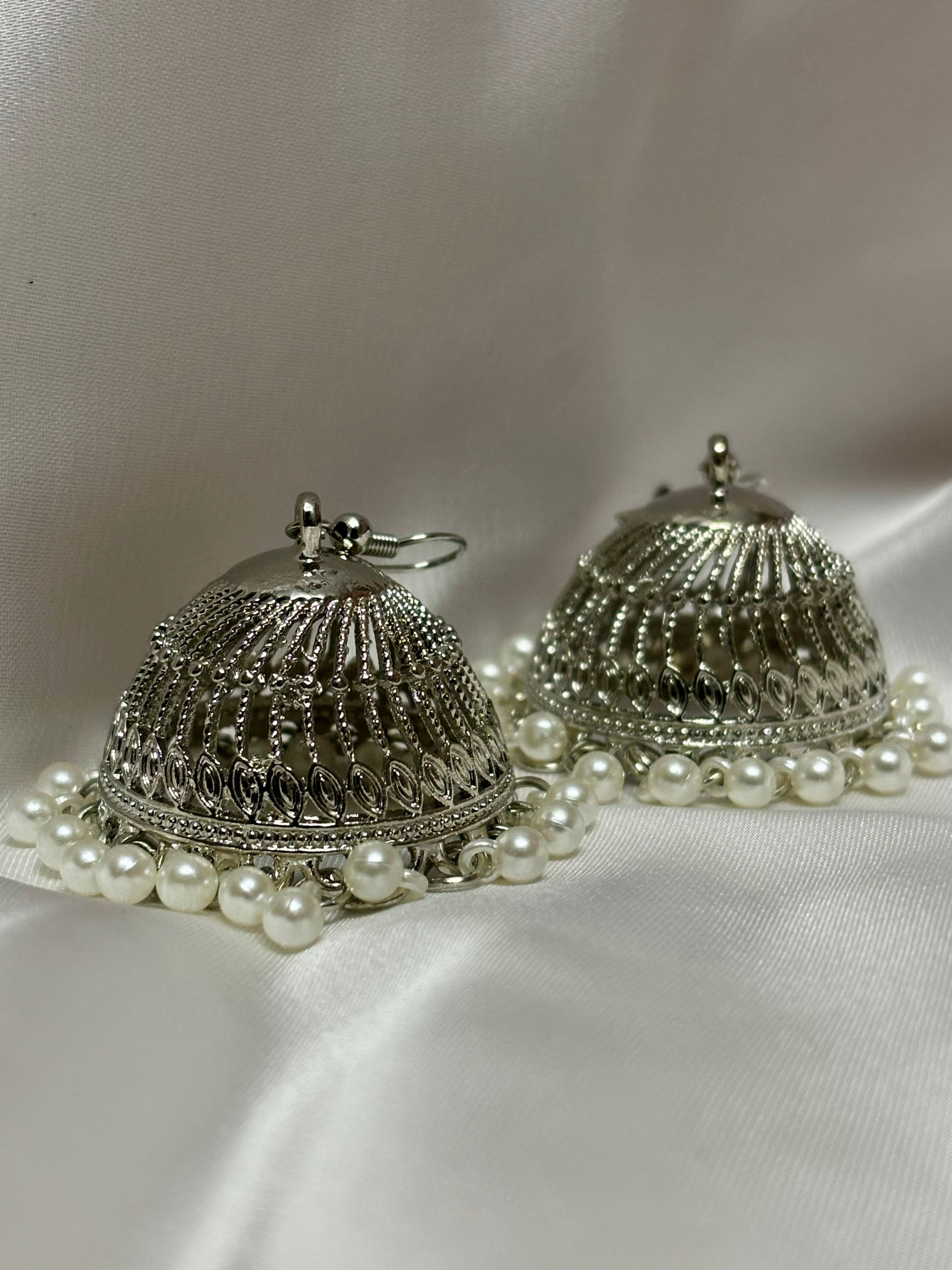 Silver Pearl Drop Jhumkas