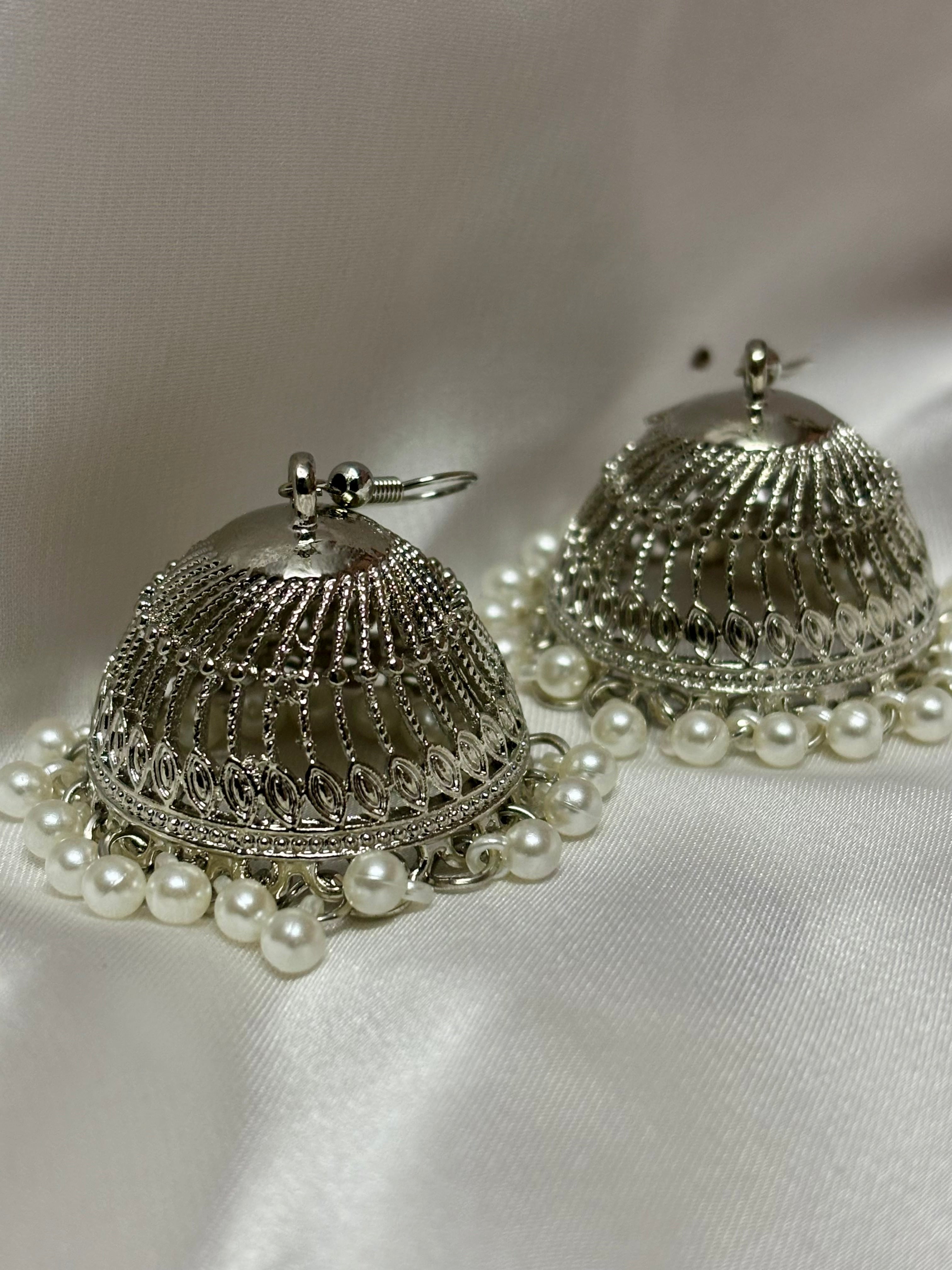 Silver Pearl Drop Jhumkas
