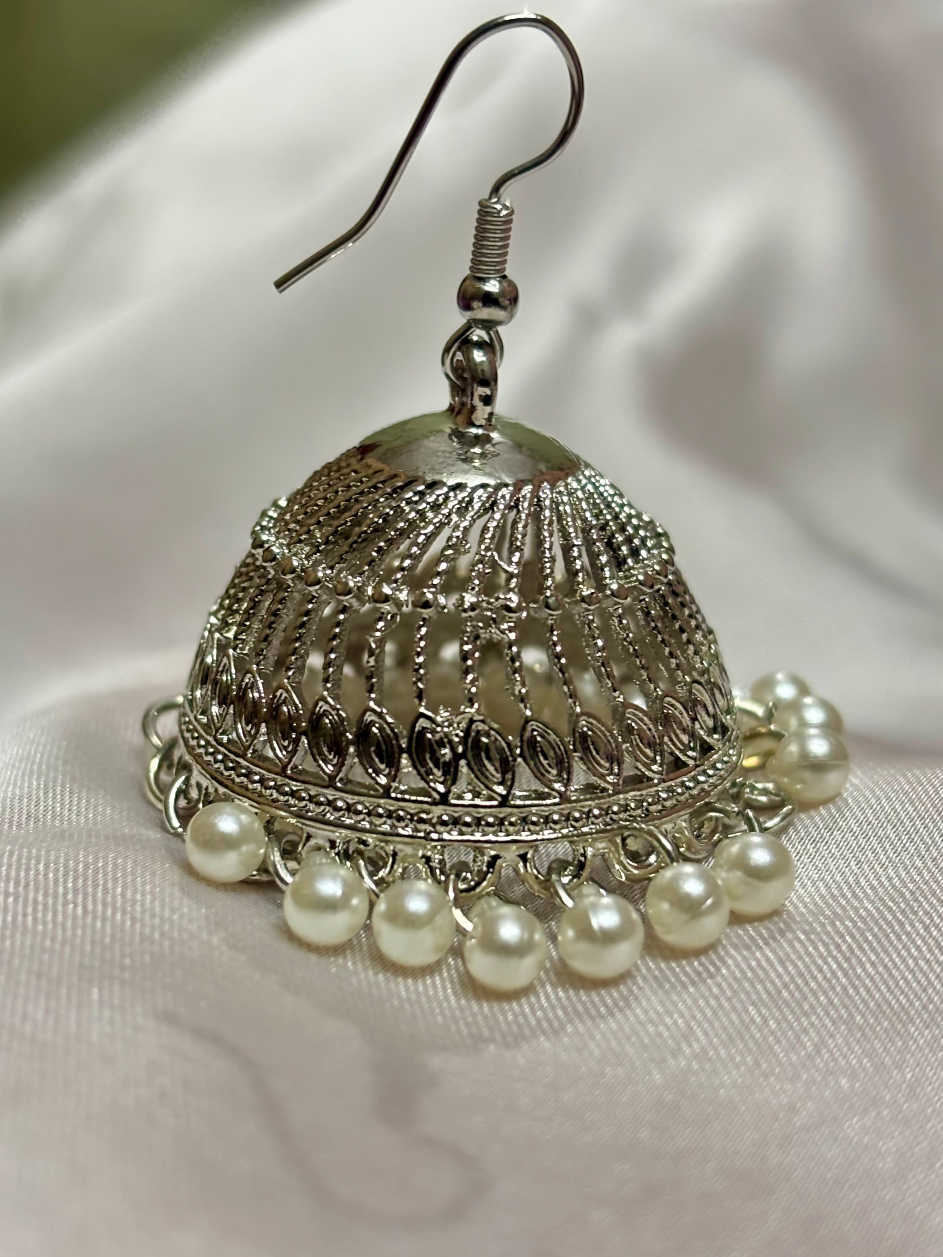 Silver Pearl Drop Jhumkas