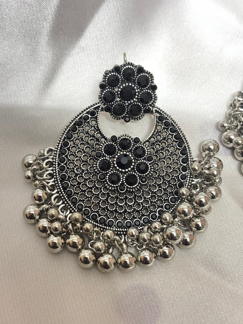 Black Crystal Silver Chandbali